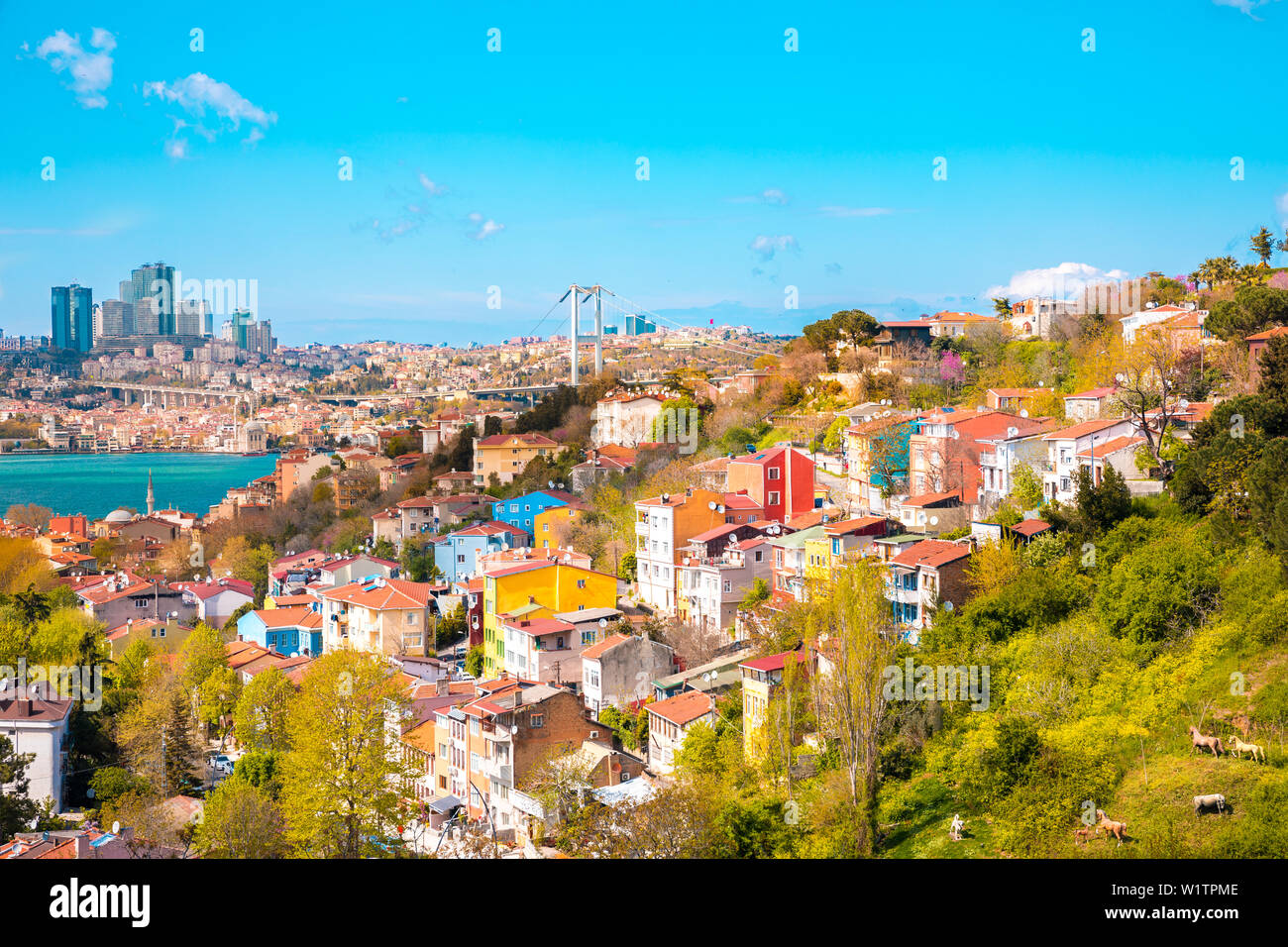 Vista panoramica della città di Istanbul in Turchia e le case con il ponte sul Bosforo a Mar di Marmara Foto Stock