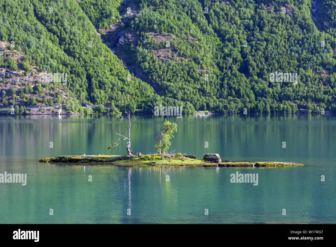 Isola Vesleholmen nel lago Oppstrynsvatnet, vicino Oppstryn, Sogn og Fjordane, Fjord Norway, Norvegia meridionale, Norvegia, Scandinavia, Nord Europa, UE Foto Stock