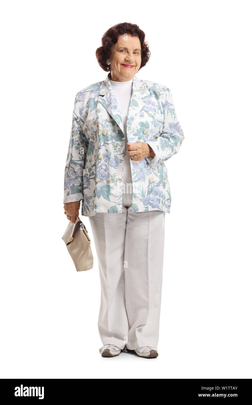 A piena lunghezza Ritratto di una dama senior indossando abiti vintage e posa isolati su sfondo bianco Foto Stock