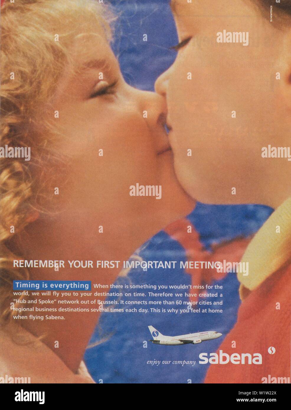 Poster pubblicitario Sabena su rivista cartacea da 1997 anni, pubblicità, pubblicità creativa della compagnia aerea SABENA degli anni '1990 Foto Stock