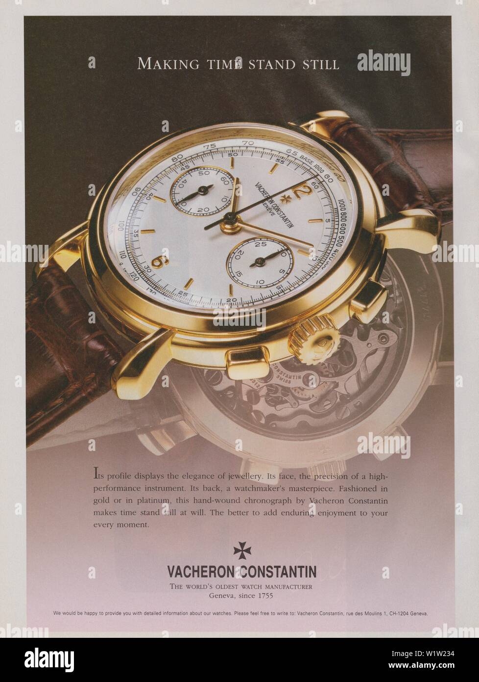 Poster pubblicitari Vacheron Constantin orologio, in magazzino carta 1997 anno, rendendo tempi Stand ancora uno slogan, un annuncio pubblicitario creativo da anni novanta Foto Stock