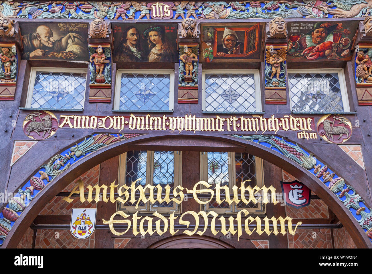 Il famoso 'Knochenhaueramtshaus', un mezzo in legno edificio, nel centro storico della città di Hildesheim, Bassa Sassonia, Germania settentrionale, Germania, Europa Foto Stock