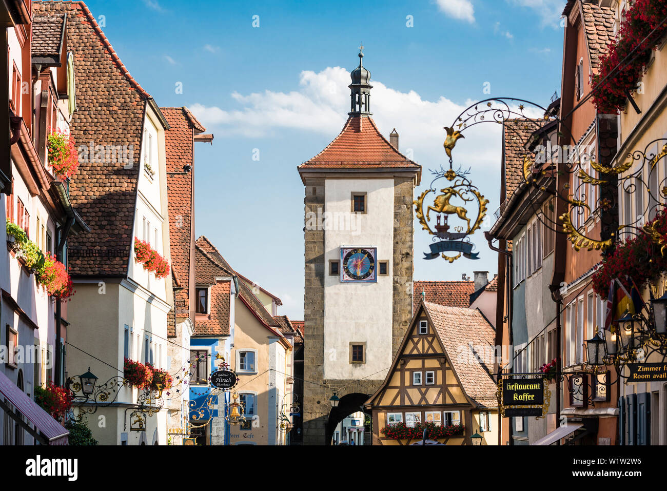 La famosa foto motive Ploenlein con la torre Siebersturm, Rothenburg ob der Tauber, Baviera, Germania Foto Stock