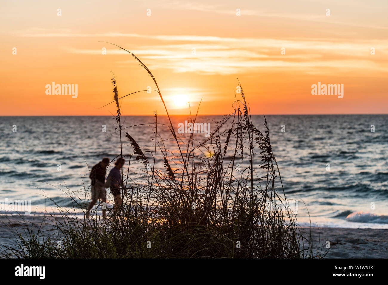 Un giovane passa per il tramonto su una passeggiata sulla spiaggia del golfo del Messico, Boca Grande, Florida, Stati Uniti d'America Foto Stock