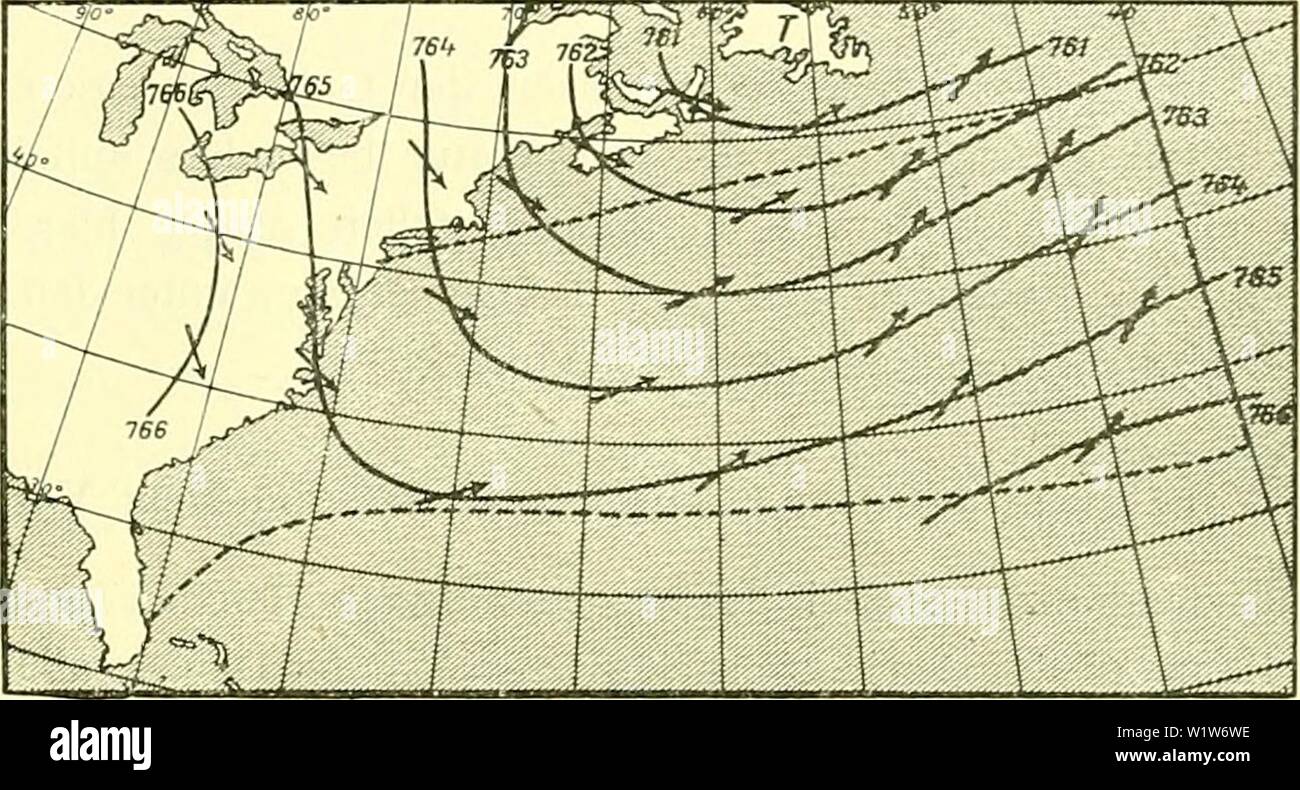 Immagine di archivio da pagina 588 di Denkschriften - Österreichische Akademie der. Denkschriften - Österreichische Akademie der Wissenschaften denkschriftens931917akad Anno: 1850 Liifhintckrclicilinig über dem iiorihilUinlisclicn Occdii. 47.') Im Sommer liegt die ganze Gegend im Bereich des Hochdruckgebiets subtropischen; der Verlauf der Isobaren läßt auf südwestliche, südliche bis südöstliche Winde schließen. Es herrscht dann eine "lähmende feuchte Hitze"'; es weht hier kein erfrischender Passat. Die Temperaturen steigen im Sommer Fi,?. .5. Luftdruckveiteiluno im Winter in der Golfstromrea:ione. Foto Stock