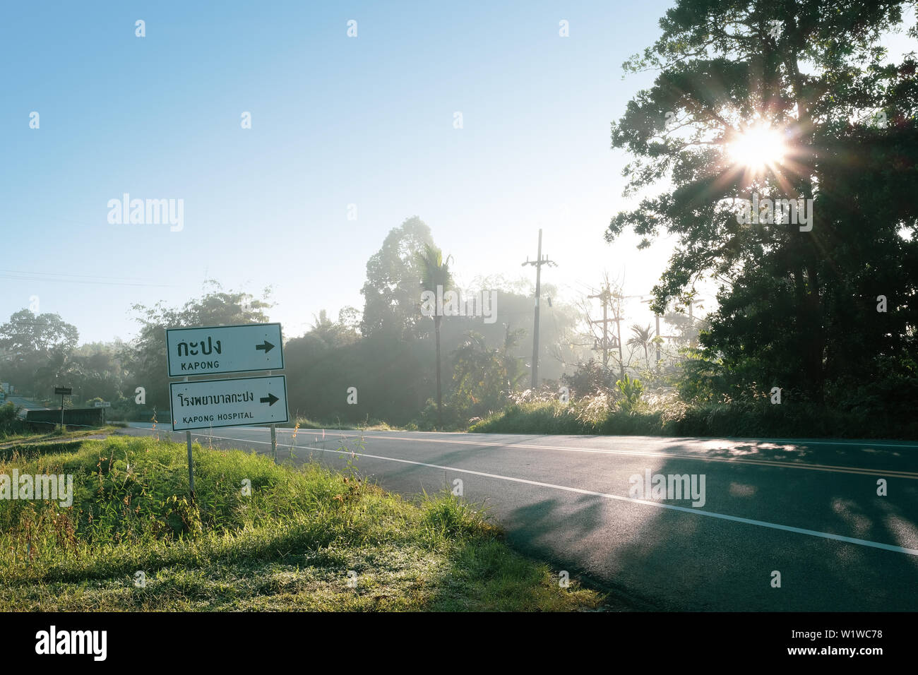 La bellissima natura scenic al mattino e montante di guida su strada in Amphoe Kapong ,Phangnga Thailandia Foto Stock