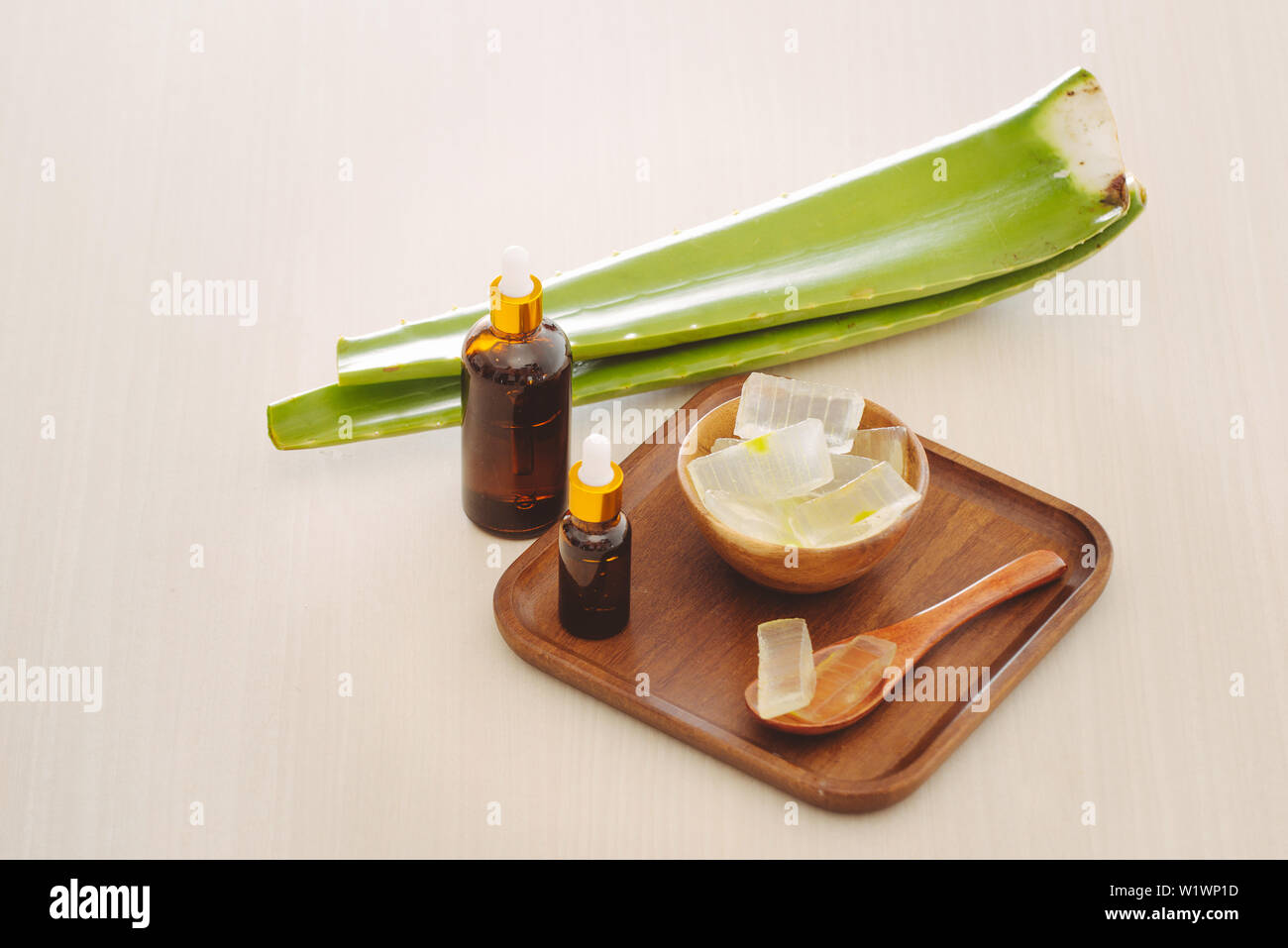 Bottiglia di aloe vera olio essenziale con pelati e Aloe foglie - trattamento di bellezza Foto Stock