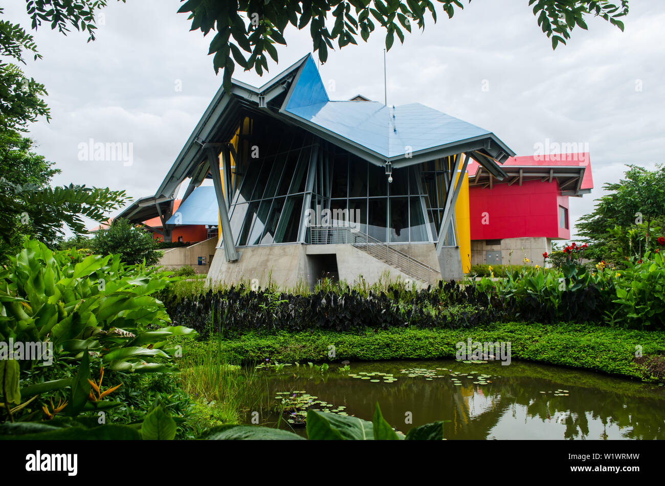 Vista del Biomuseo, dalla lussureggiante giardino botanico che circonda la struttura progettata dal famoso architetto Frank Gehry Foto Stock