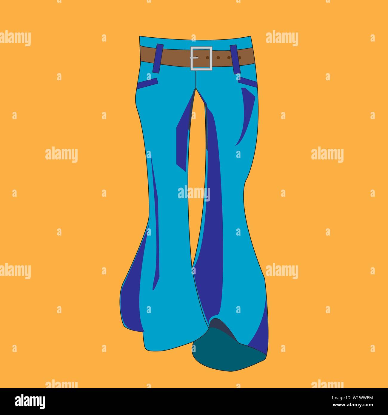 Pantaloni svasati. Anni Settanta la moda. Jeans blu su uno sfondo di colore marrone. Illustrazione Vettoriale Illustrazione Vettoriale