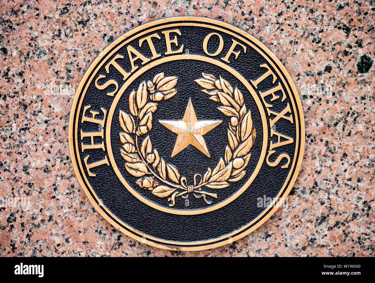 AUSTIN, Texas - luglio 2, 2019 - il sigillo ufficiale dello Stato del Texas montato sulla parete di granito Foto Stock