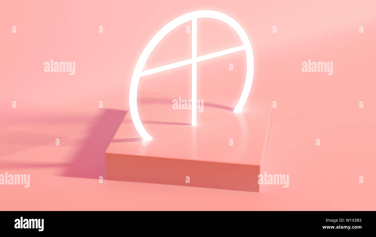 Un cubo rettangolare di base contenente un illuminato bianco neon crocifisso su un isolato rosa salmone studio ambiente - 3D render Foto Stock
