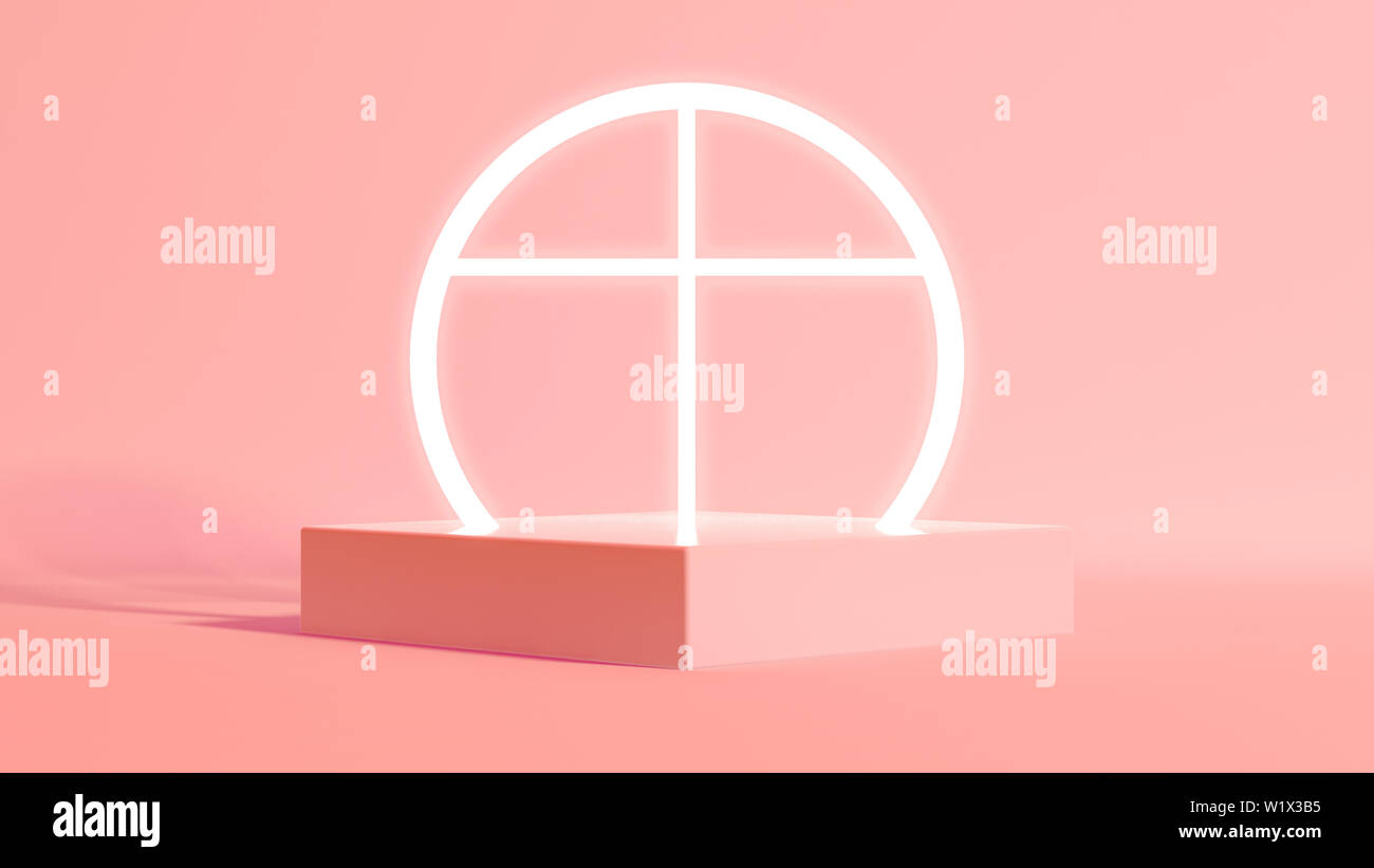 Un cubo rettangolare di base contenente un illuminato bianco neon crocifisso su un isolato rosa salmone studio ambiente - 3D render Foto Stock