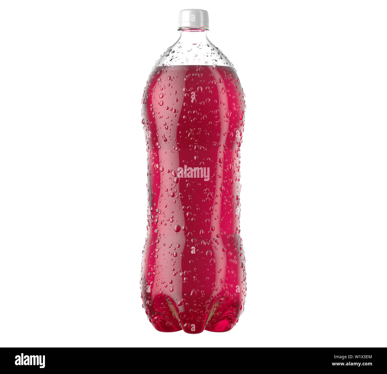 Un irregolare sagomati di plastica da due litri di soda rosa bottiglia con le gocce di condensa su un isolato bianco di sfondo per studio - 3D render Foto Stock