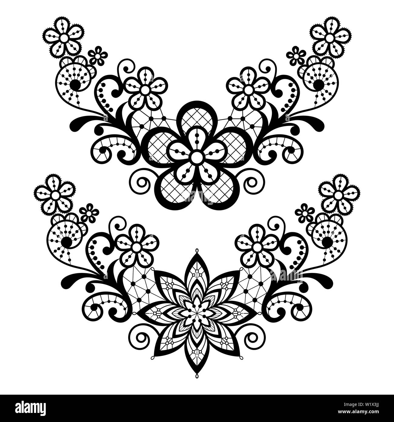 Pizzo vettore singolo pattern impostato - nero pizzo floreale mezza corona, semicerchi design collection, retro openwork sfondo Illustrazione Vettoriale