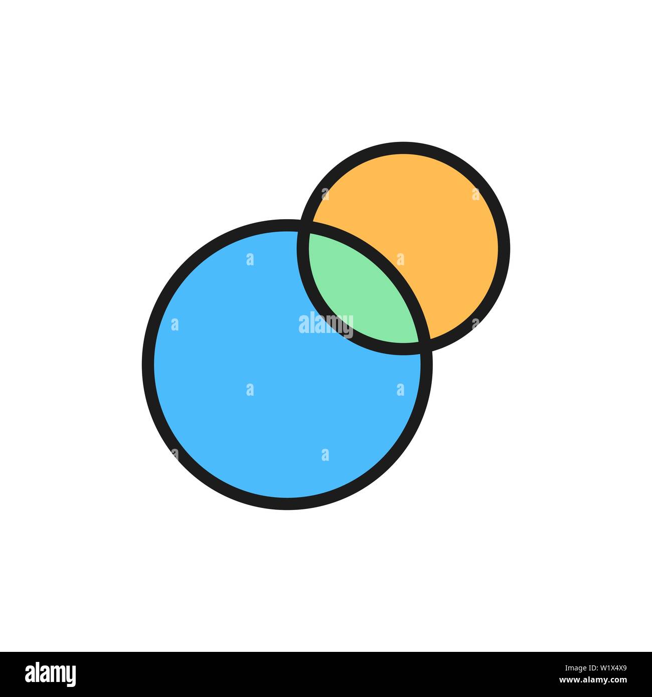 Grafico a torta, cerchi intersecati, diagramma di Venn colore piatto icona. Illustrazione Vettoriale