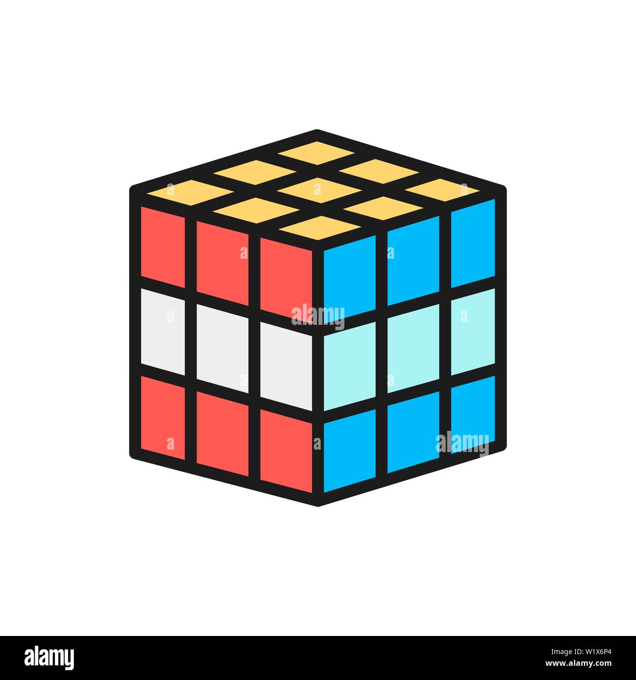 Vector cubo 3d, meccanica puzzle giocattolo colore piatto icona linea. Illustrazione Vettoriale