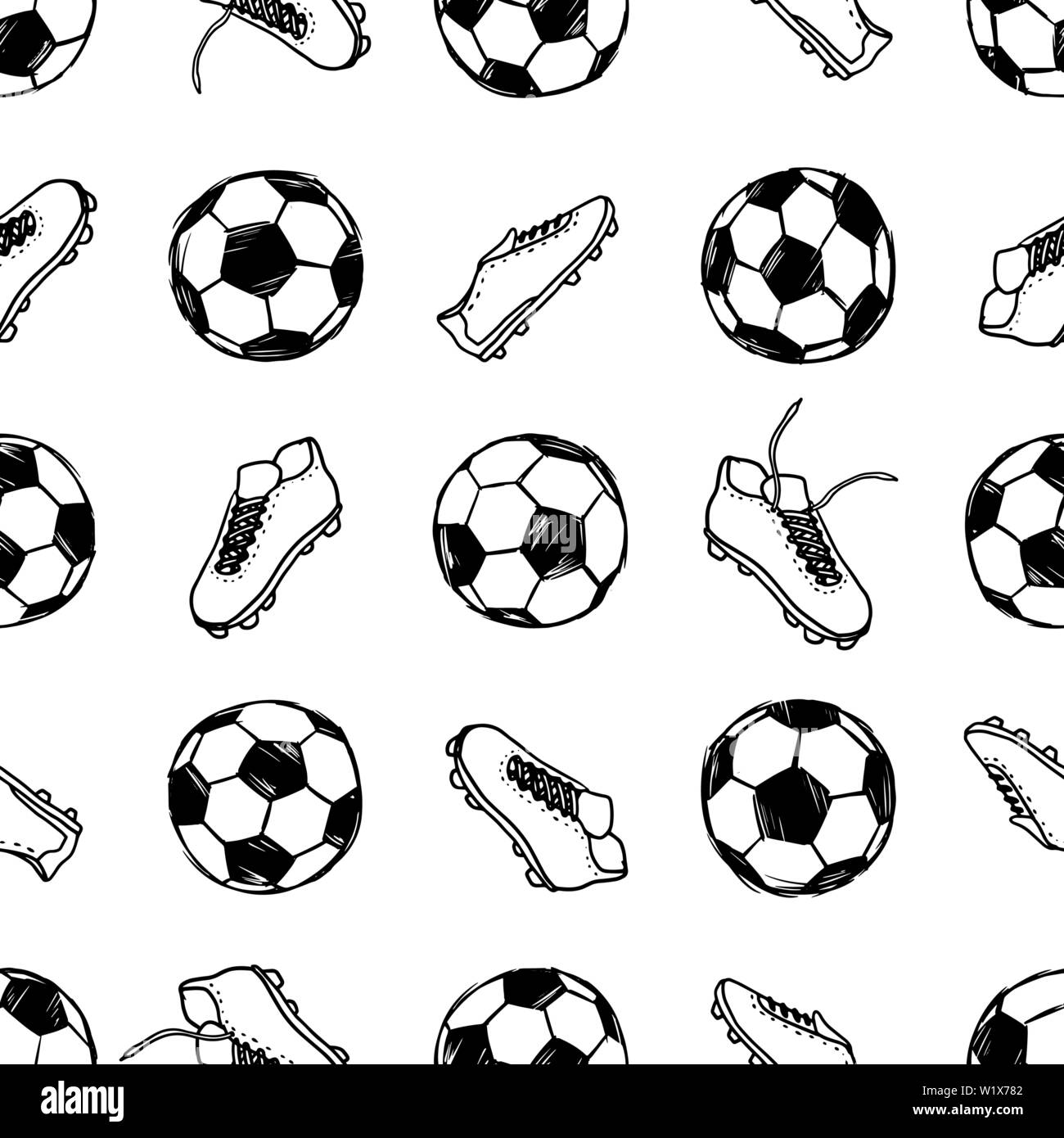 Il calcio palloni da calcio e stivali doodle seamless pattern. Illustrazione Vettoriale sfondo. Per la stampa tessile, web, home decor, moda, superficie graphi Illustrazione Vettoriale
