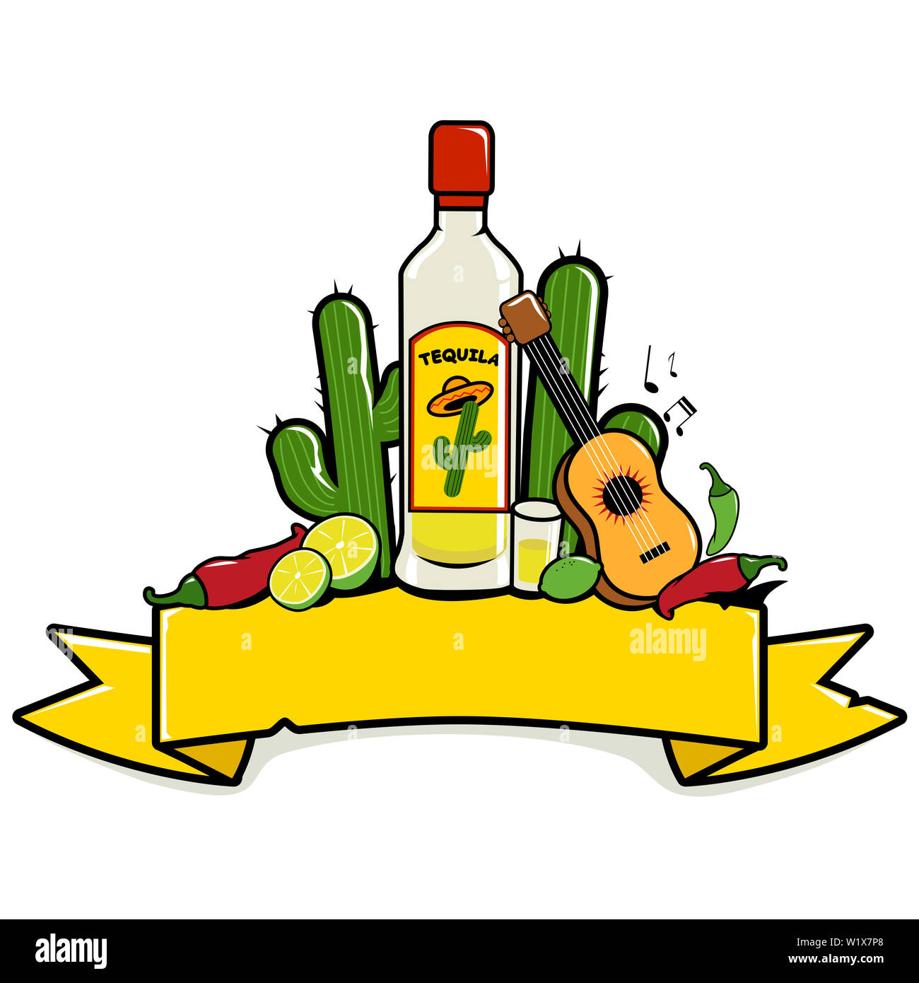 Banner orizzontale decorata con una bottiglia di tequila e altri a tema messicano illustrazioni. Foto Stock