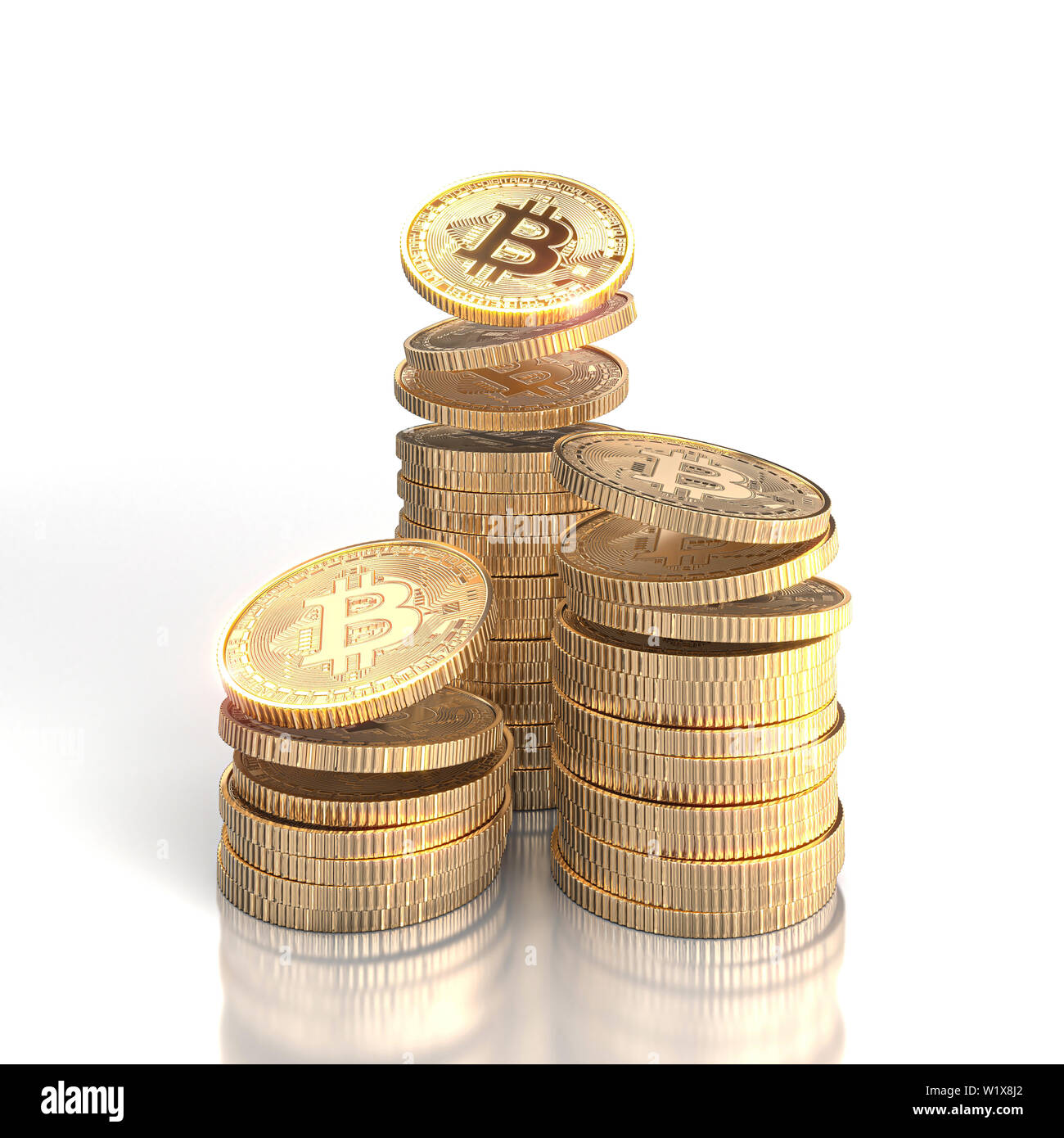 3D render image di pile di bitcoin monete d oro su sfondo bianco. concetto di moneta elettronica e blockchain Foto Stock