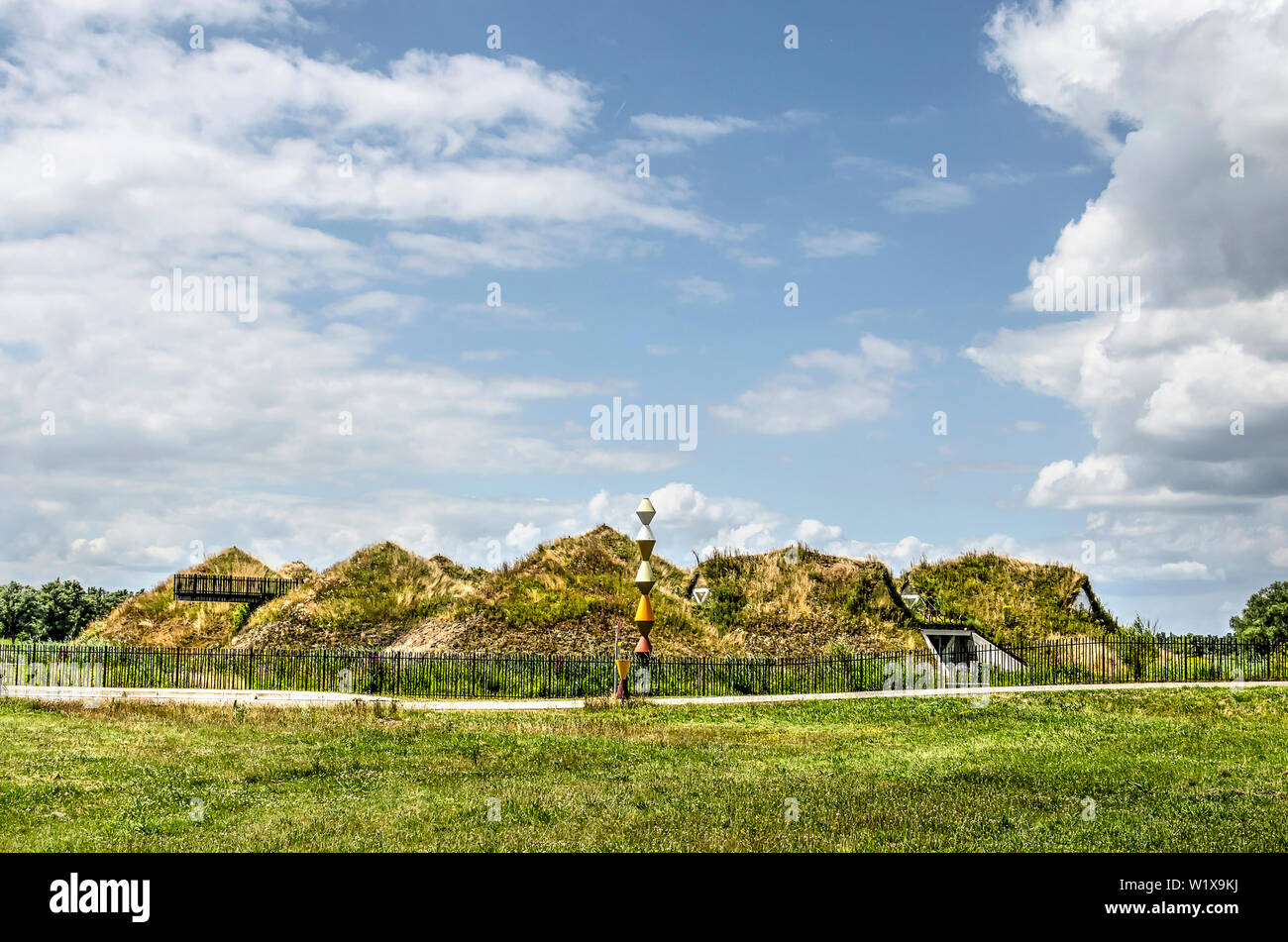 Werkendam, nei Paesi Bassi il 3 luglio, 2019: facciata frontale del rinnovato Museo Biesbosch, coperta con il terreno, erba e fiori selvatici, sotto un cielo blu Foto Stock