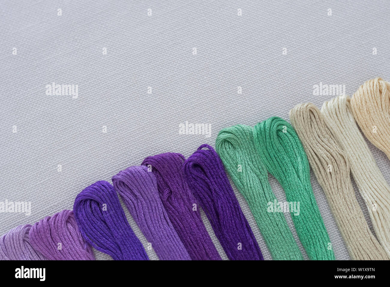 Multi-colore fili di ricamo su tela bianca. Posto per il testo Foto Stock