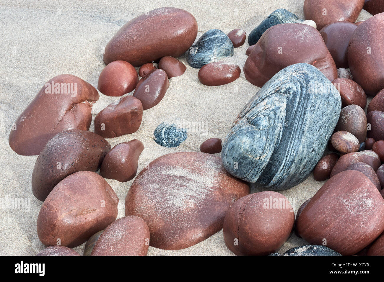 Rosso e pietre blu sulla spiaggia della Baia di Stoer, Stoer, Assynt, Sutherland, Highland, Scozia Foto Stock
