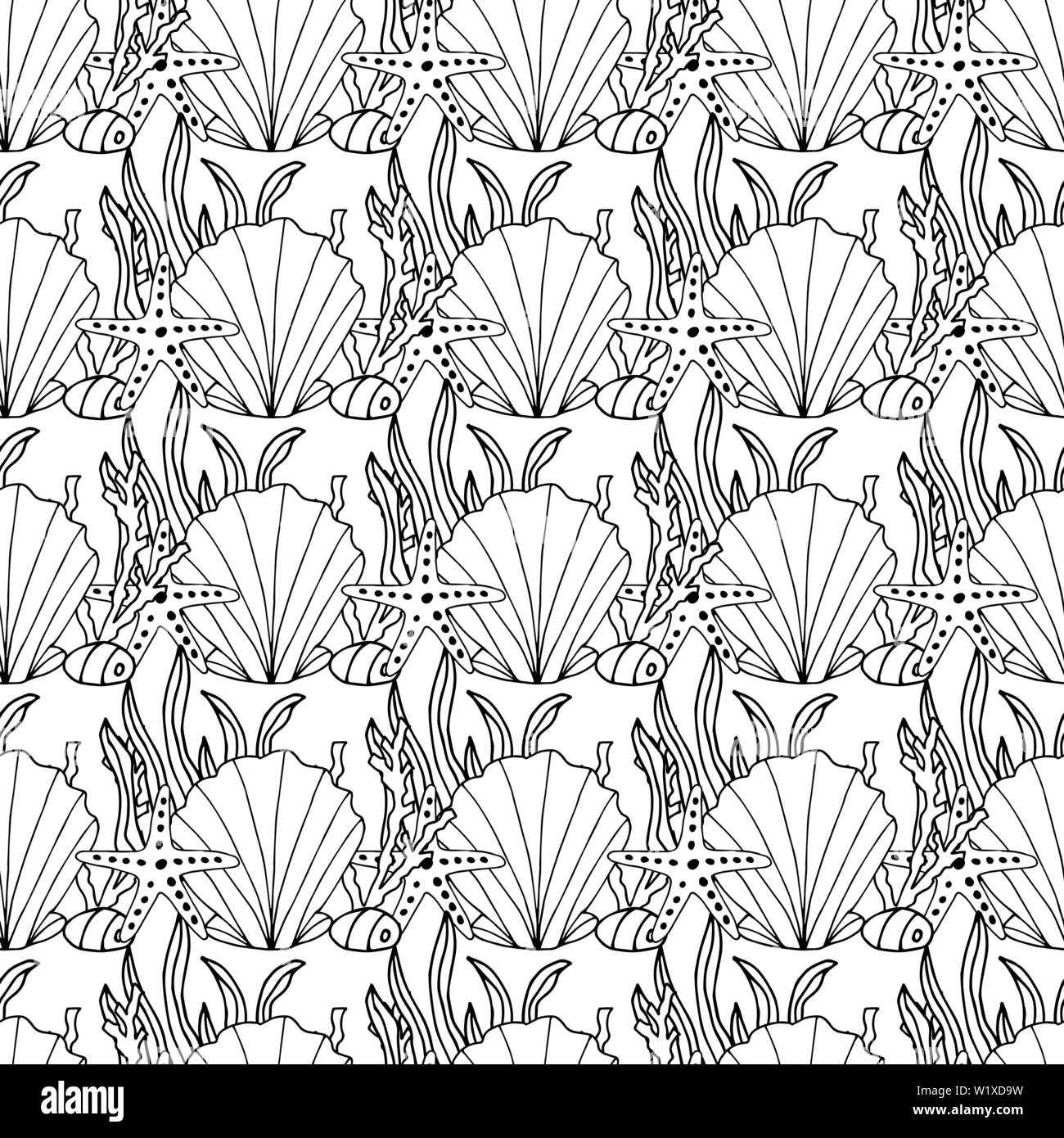 Zentangle stilizzata di conchiglie e di altri abitanti del mare seamless pattern. Disegnato a mano doodle acquatici illustrazione vettoriale. Illustrazione Vettoriale
