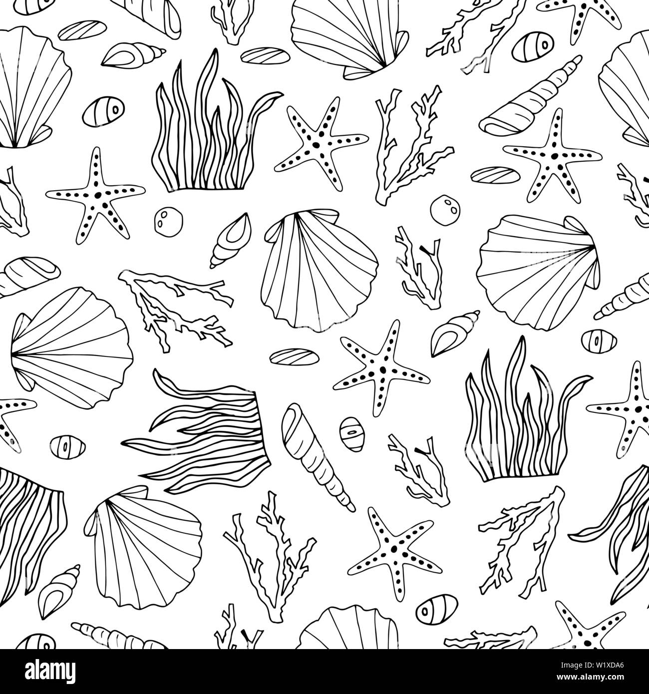 Zentangle stilizzata di conchiglie e di altri abitanti del mare seamless pattern. Disegnato a mano doodle acquatici illustrazione vettoriale. Illustrazione Vettoriale