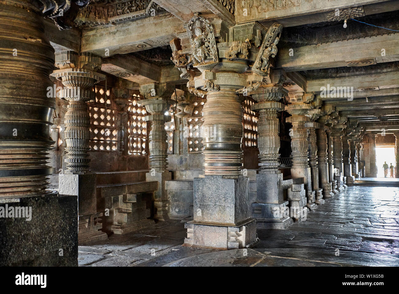 Interior shot di Halebid Hoysaleswara tempio Jain, Dwarasamudra (gateway per i mari), Halebidu, Hassan, Karnataka, India Foto Stock