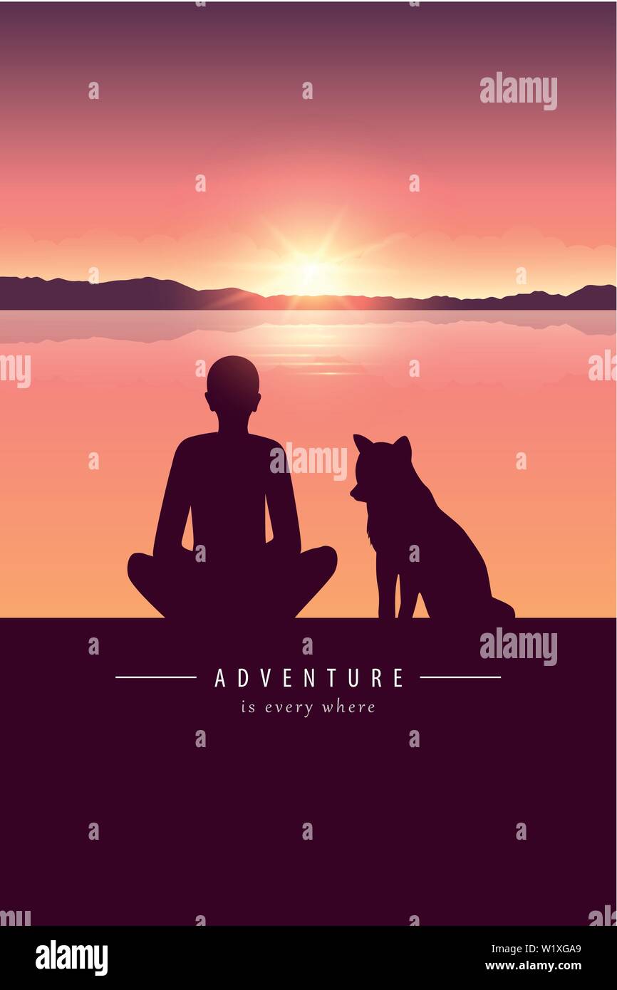 Uomo e cane silhouette dal lago con il paesaggio di montagna al tramonto adventure design illustrazione vettoriale EPS10 Illustrazione Vettoriale