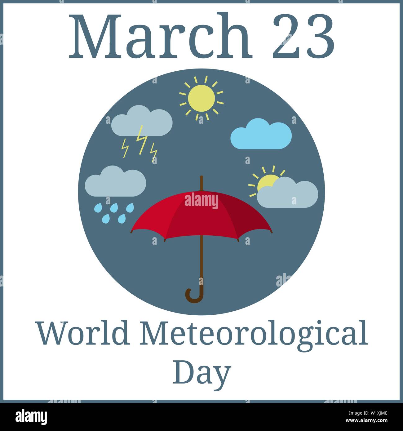 Giornata mondiale della metereologia. Marzo 23. Marzo Calendario vacanze. Ombrello. Icone meteo. Illustrazione di vettore per il tuo design Illustrazione Vettoriale