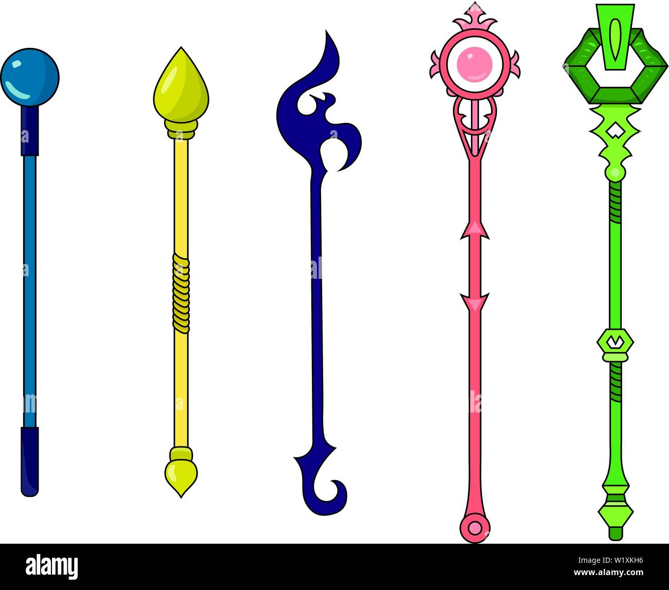 Insieme di diversi Magic Staffs isolati su sfondo bianco. Elementi di procedura guidata. Illustrazione di vettore per il tuo design, gioco, la scheda Web. Illustrazione Vettoriale