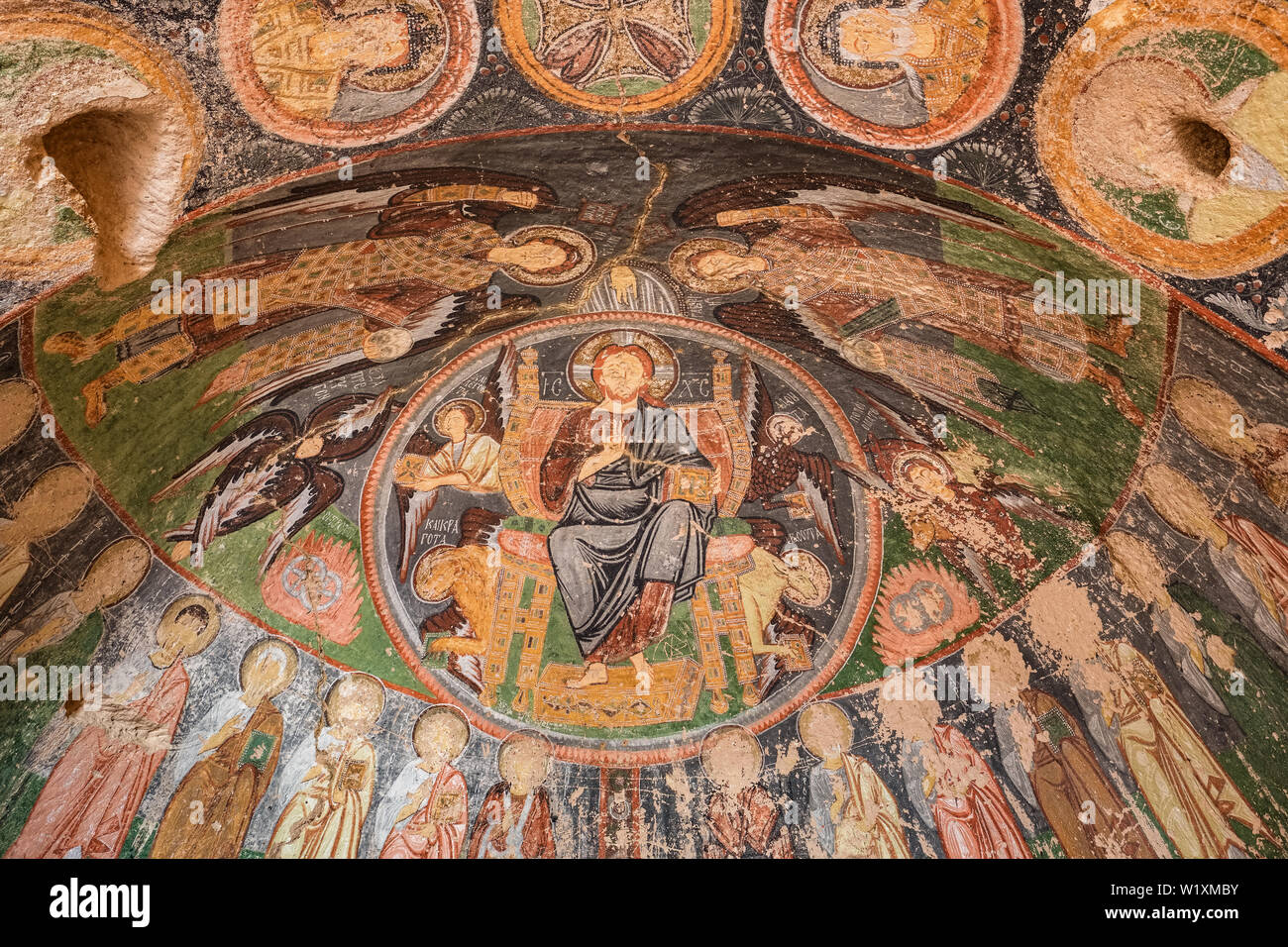 Affresco nella grotta abbandonata chiesa della Croce Chiesa crociato a valle delle rose nella regione Cappadocia Foto Stock