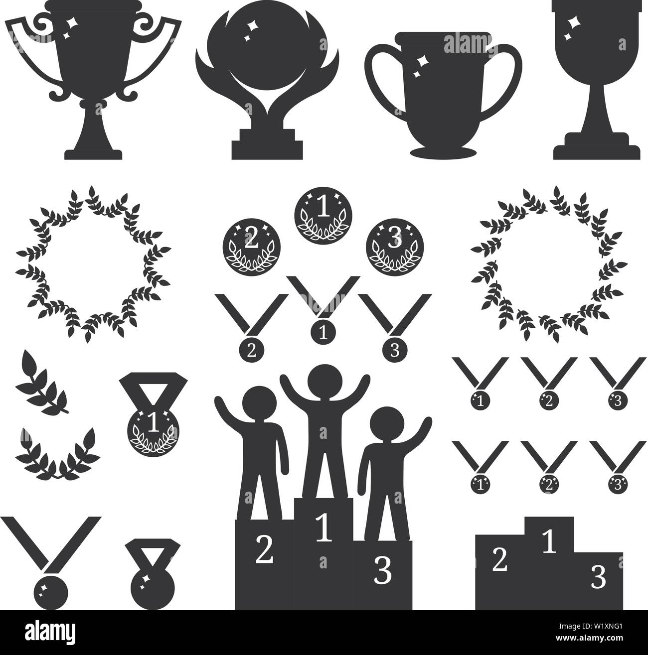 Vettore Collezione di sport awards. Silhouette nera di trofei, medaglie, piedistallo laure telai, monete. Primo, secondo e terzi posti. Gli esseri umani sul podio Illustrazione Vettoriale