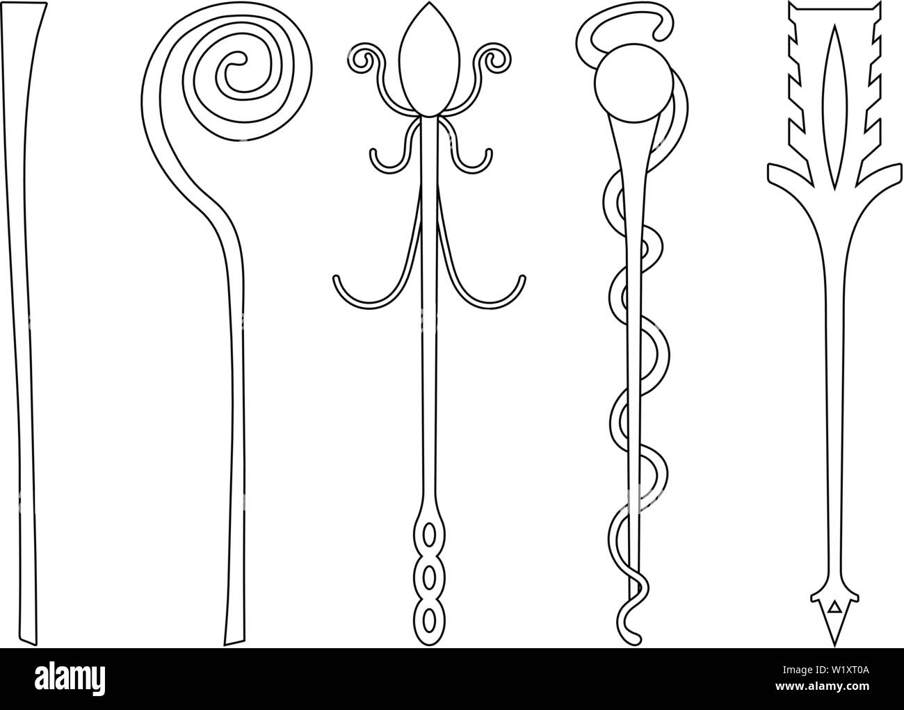 Impostare la linea di icone di stile di staffs isolati su sfondo bianco. La bacchetta magica, scettro, stick, asta. Pulito e moderno vettore illustrazione per design, web Illustrazione Vettoriale