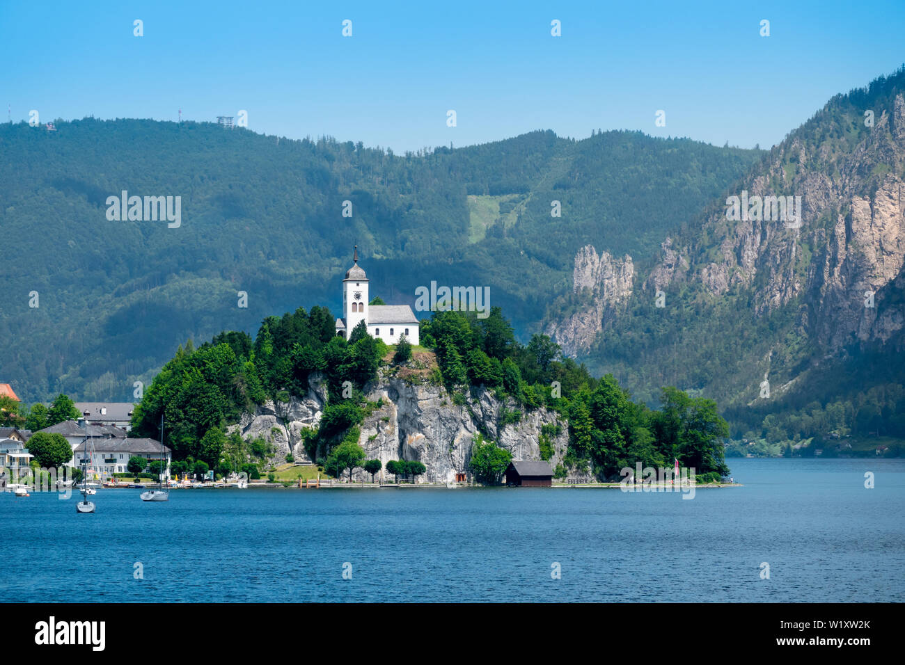 Johannesberg Cappella, Traunkirchen e il lago Traunsee nel Salzkammergut, Austria Foto Stock