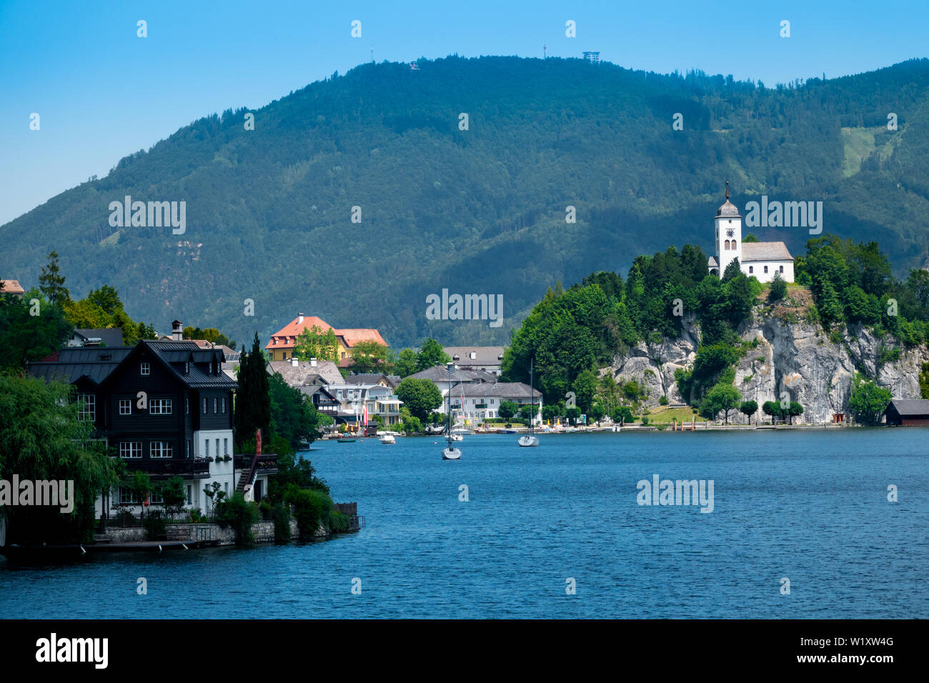 Johannesberg Cappella, Traunkirchen e il lago Traunsee nel Salzkammergut, Austria Foto Stock