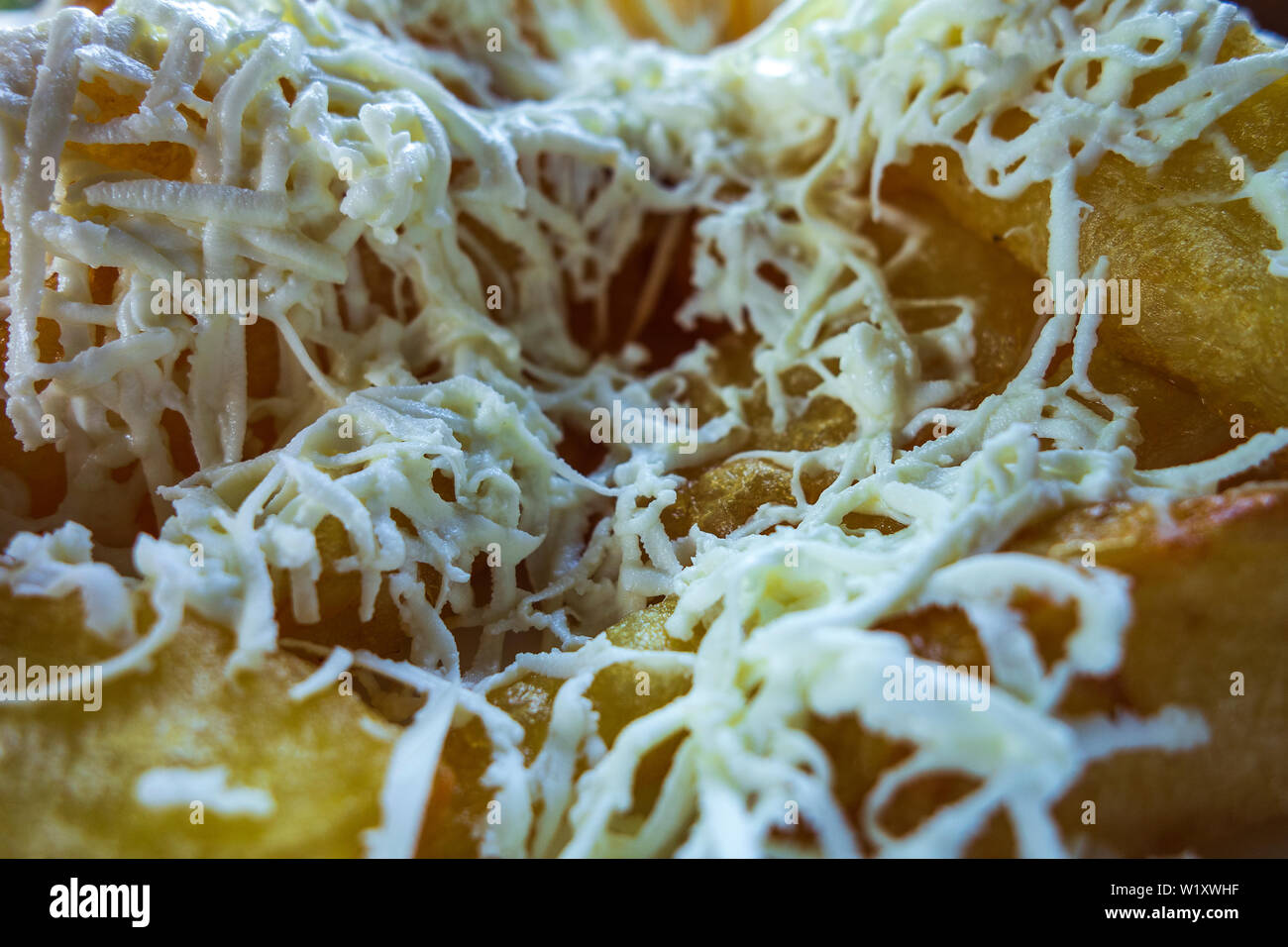 Primo piano di patate fritte con formaggio bianco Foto Stock