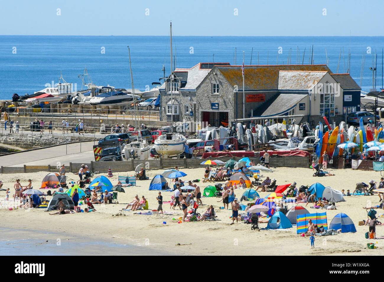 Lyme Regis, Dorset, Regno Unito. 4 luglio 2019. Regno Unito Meteo. Lucertole da mare sulla spiaggia presso la località balneare di Lyme Regis in Dorset godendo una giornata di cielo sereno e cocente sole caldo. Credito Foto: Graham Hunt/Alamy Live News Foto Stock