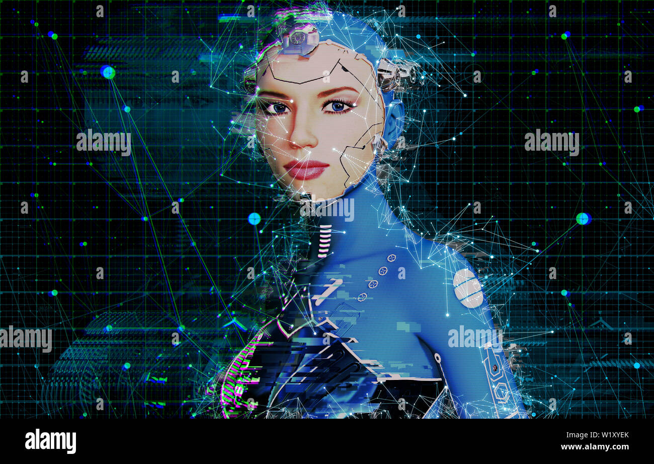Concetto di reti neurali in una intelligenza artificiale cyborg in forma femminile, 3D render Foto Stock