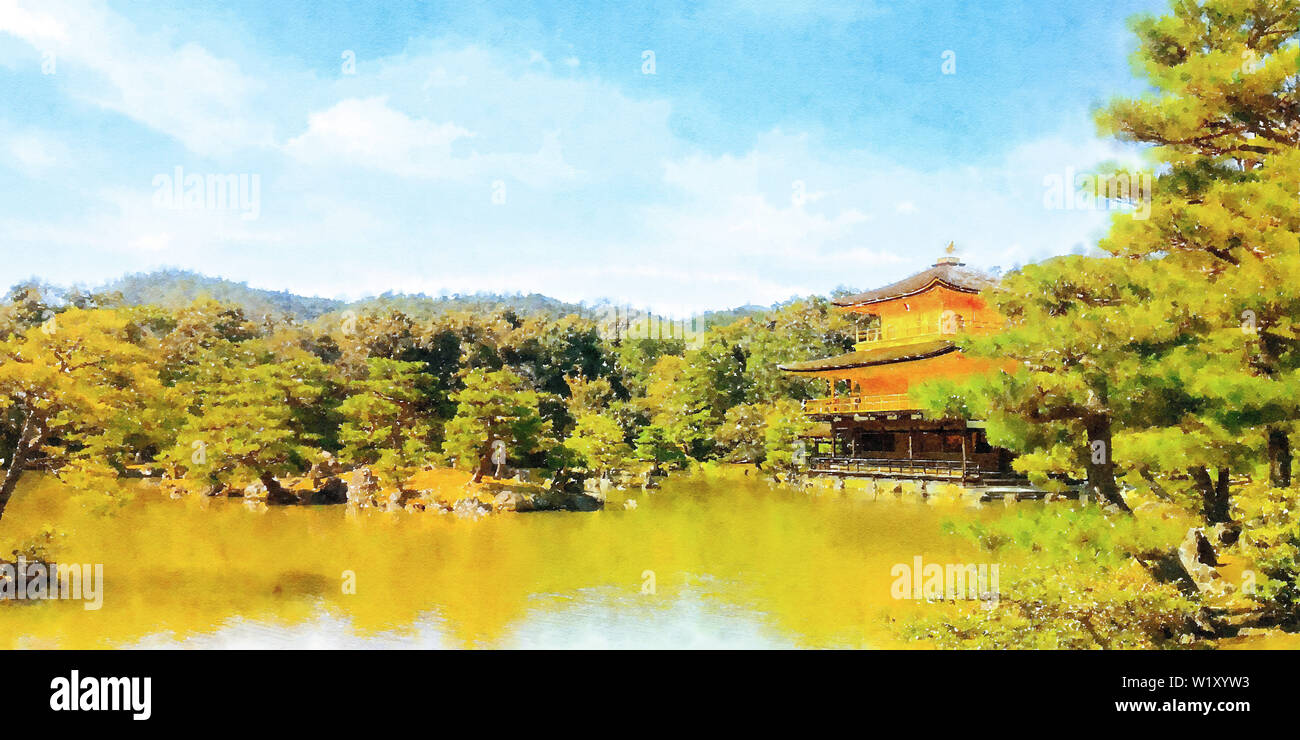 Acquerello colorati dipinti a mano arte illustrazione : Tempio d'oro Padiglione / kinkakuji, Kyoto (ad alta risoluzione 2D CG illustrazione) Foto Stock