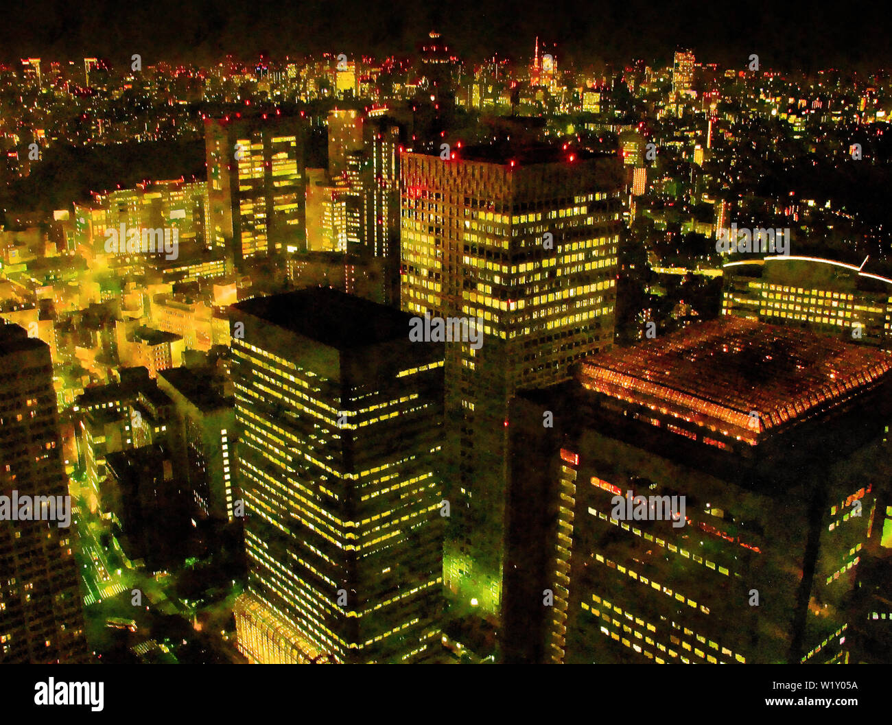 Acquerello colorati dipinti a mano arte illustrazione : panoramica cityscape vista notturna della città di Tokyo, Giappone (ad alta risoluzione 2D CG illustrazione) Foto Stock