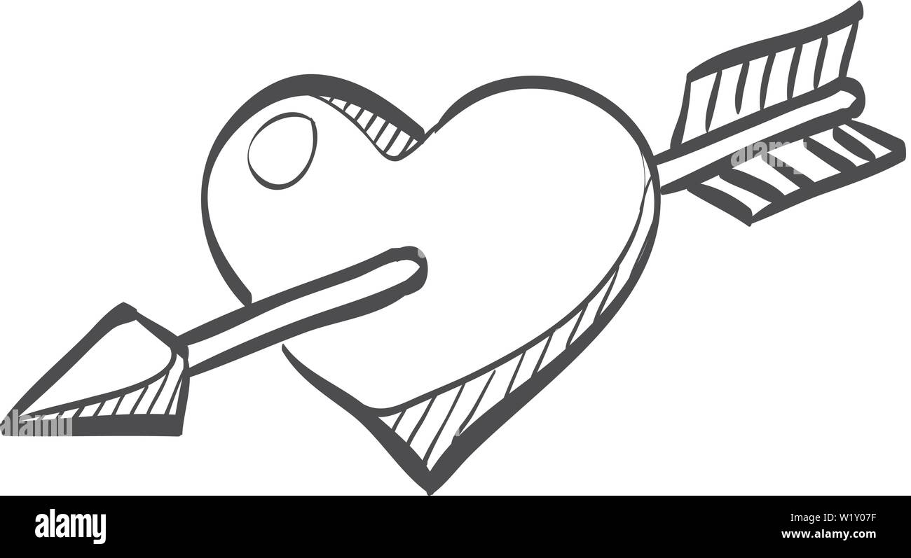 Freccia Icona cuore in doodle disegna linee. Amore Valentine cupido flirt Illustrazione Vettoriale