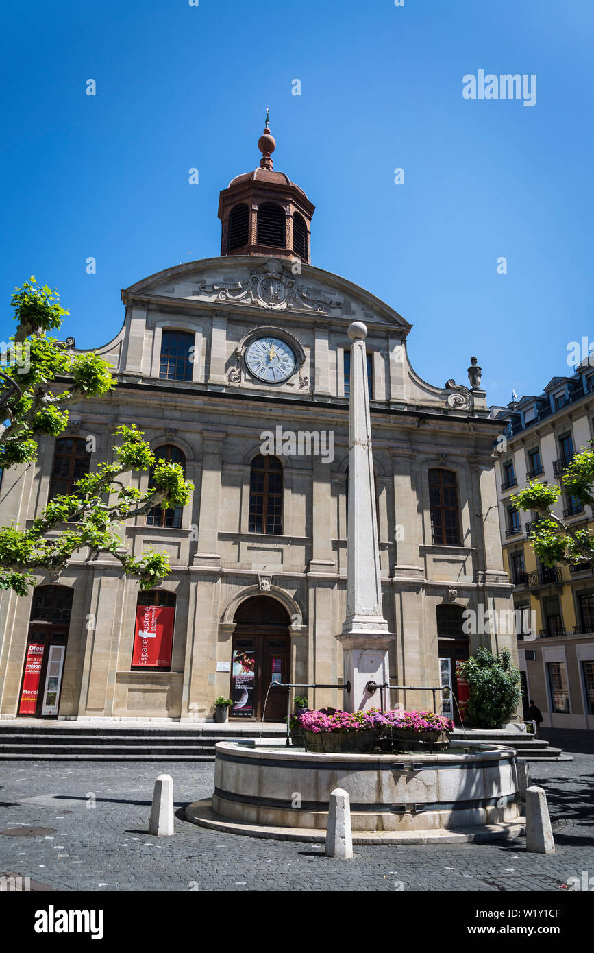 Fusterie chiesa protestante della chiesa riformata in stile barocco che ospita eventi artistici, Ginevra, Svizzera Foto Stock