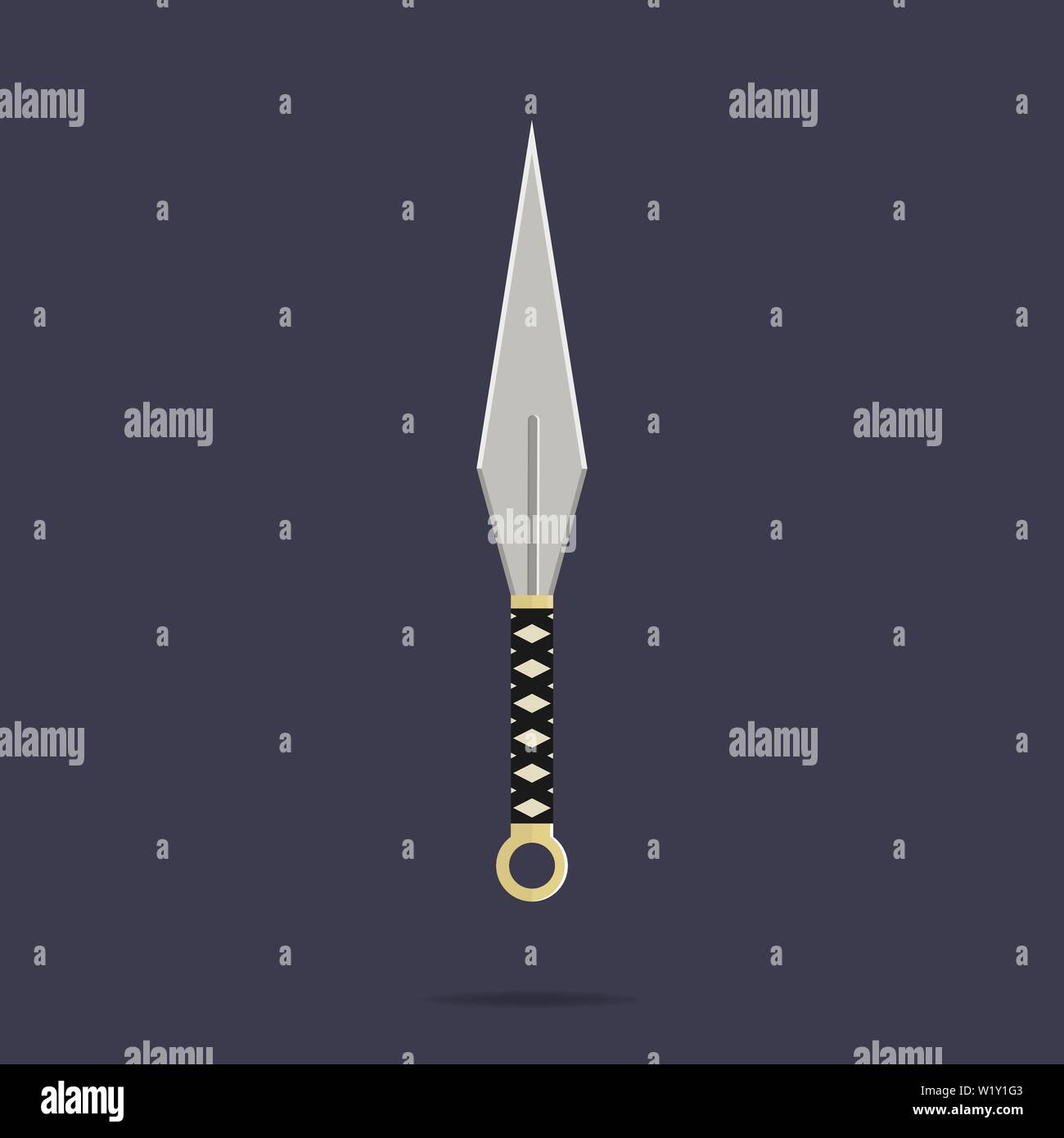 Kunai gettando il coltello e la relativa icona. Arma Ninja. Attrezzature di Samurai. In stile cartone animato. Pulito e moderno vettore illustrazione per la progettazione web. Illustrazione Vettoriale
