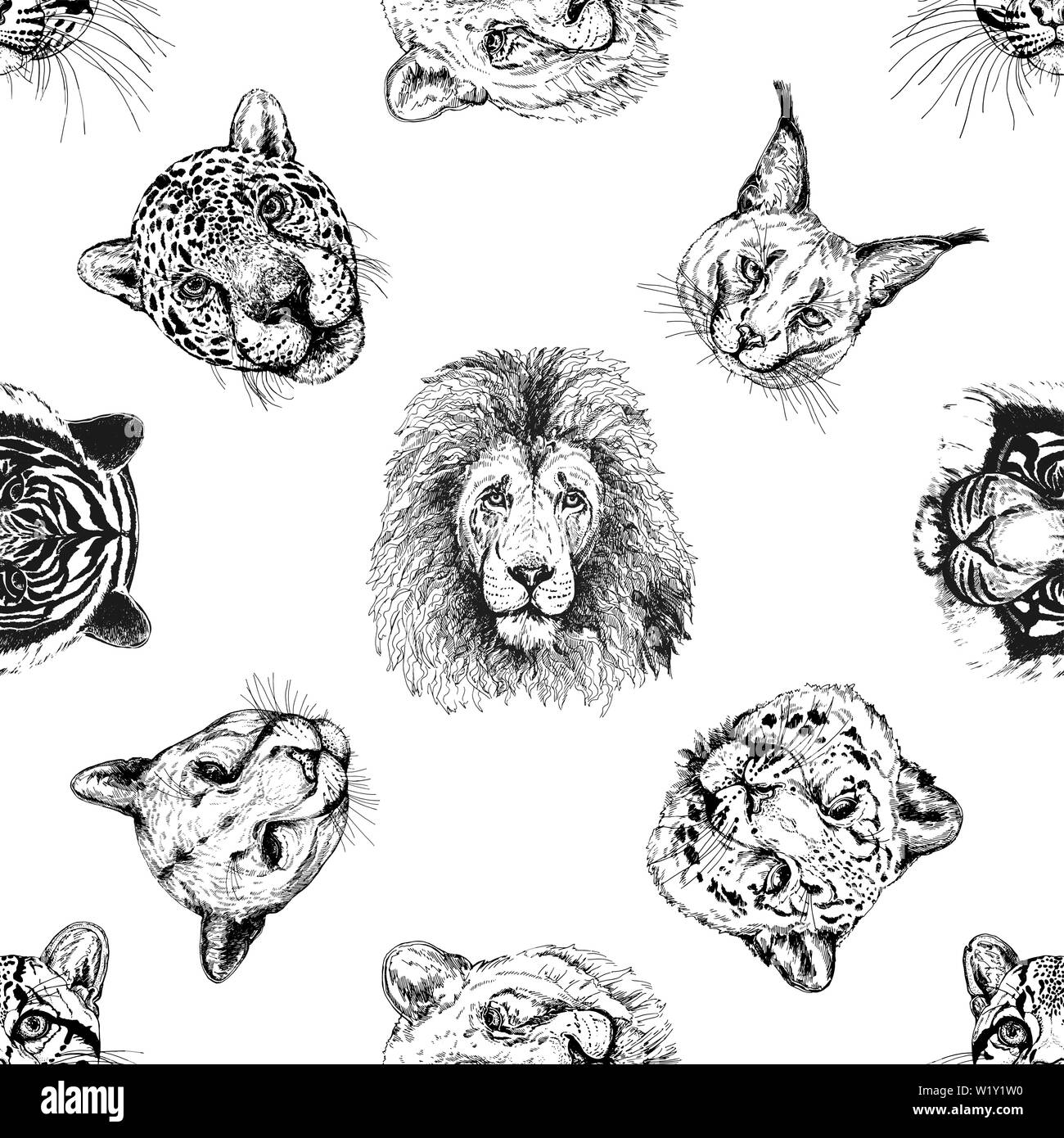 Modello senza giunture di mano il bozzetto ritratti di animali isolati su sfondo bianco. Illustrazione Vettoriale. Illustrazione Vettoriale