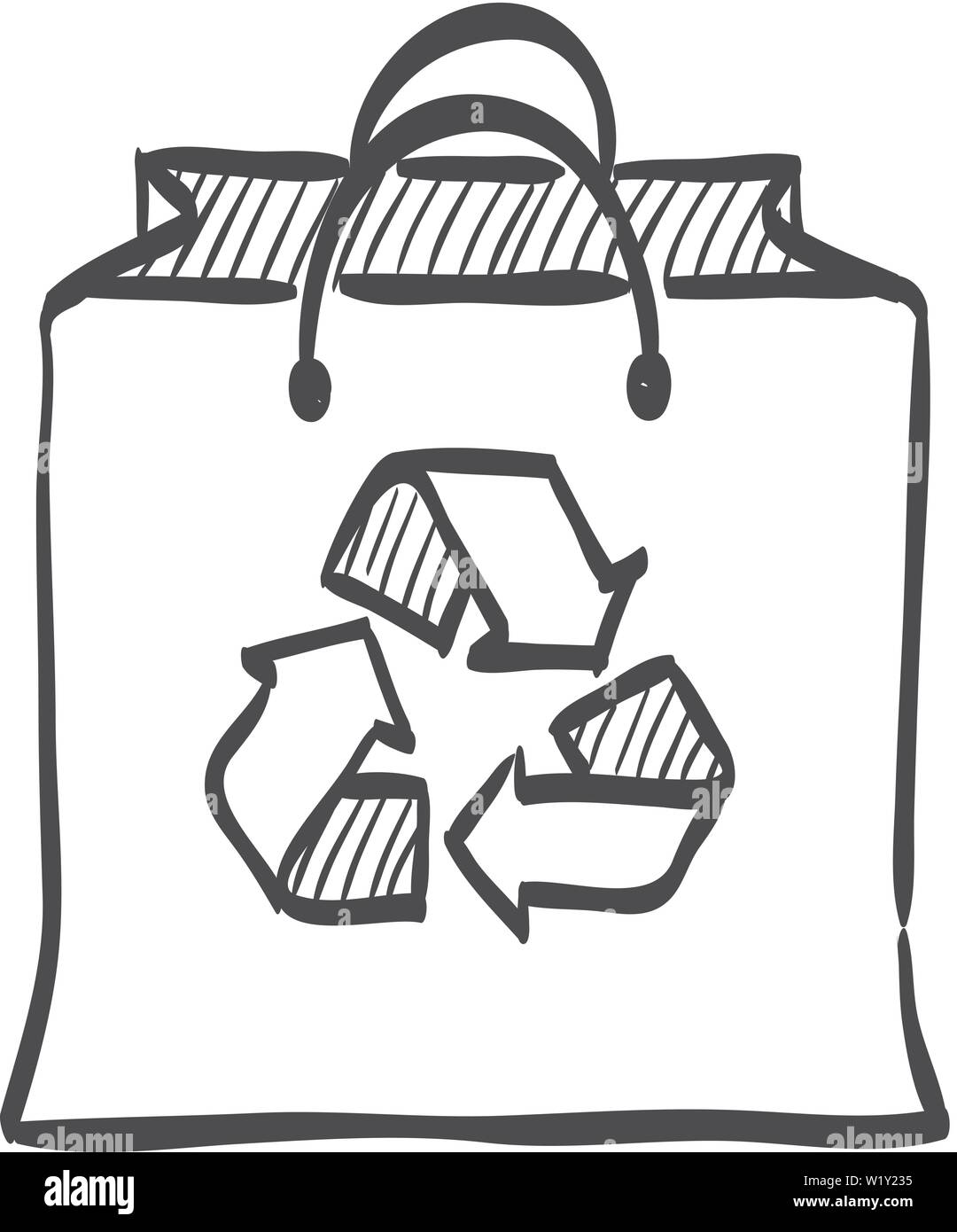 Simbolo di riciclaggio icona nel doodle disegna linee. Ambiente go green sacchetto di carta acquisti comprare store Illustrazione Vettoriale