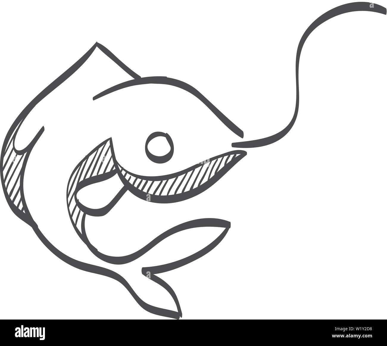 Pesce agganciato icona nel doodle disegna linee. Pesca sportiva acqua mare Catture fiume Illustrazione Vettoriale