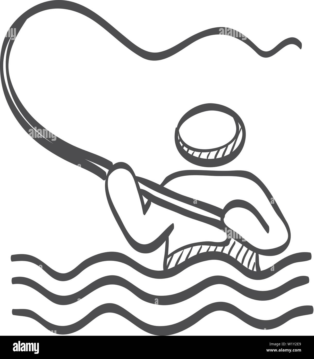 Icona di pesca in doodle disegna linee. Sport Tempo libero acqua mare lago ricer fly Illustrazione Vettoriale