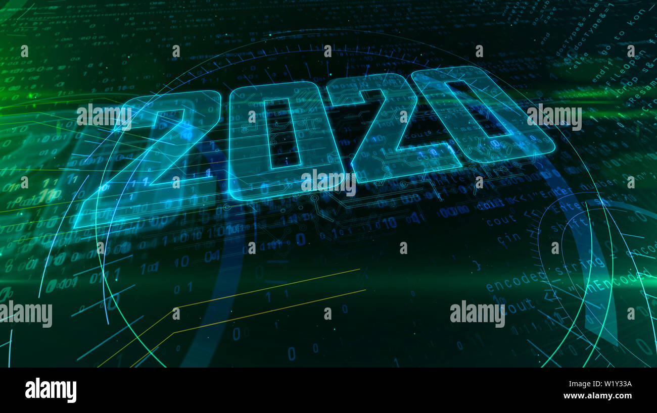 2020 Anno di innovazione ologramma intro sul dynamic sfondo digitale. Moderno e futuristico concetto 3d'illustrazione. Foto Stock